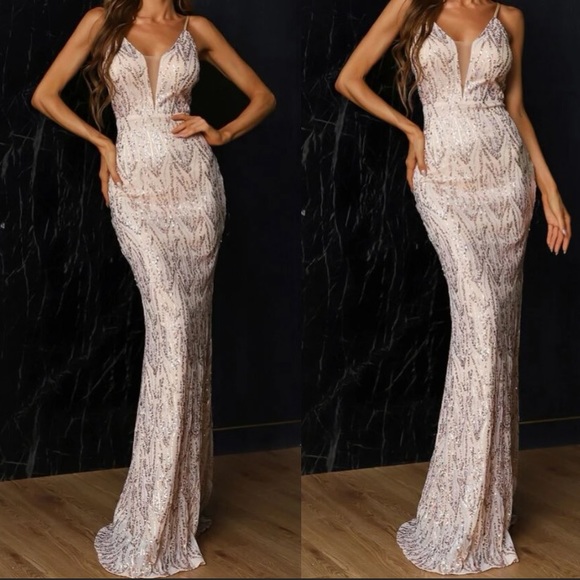 Luxe mesh insert mermaid hem sequins party formal prom gown dress champagne - Picture 1 of 8